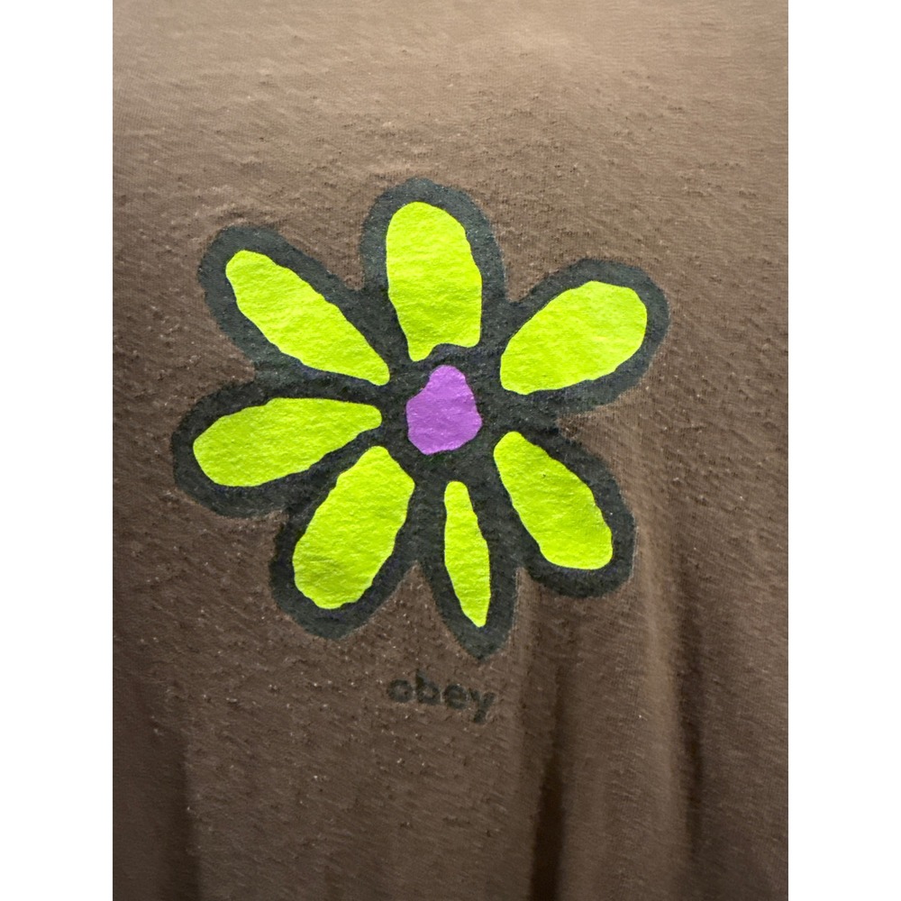 Obey Worldwide Womens Large Brown Graphic T-Shirt Lime Green Daisy Flower Cotton